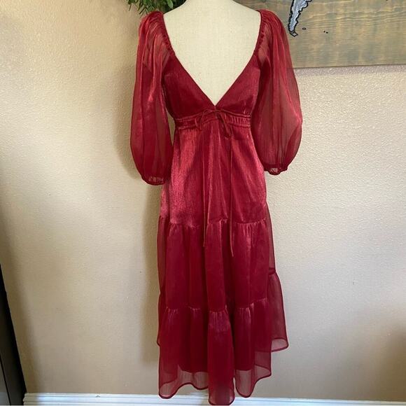 NWOT Lulus Romantic Appearance Wine Red Organza Tiered Midi Dress - Picture 6 of 9